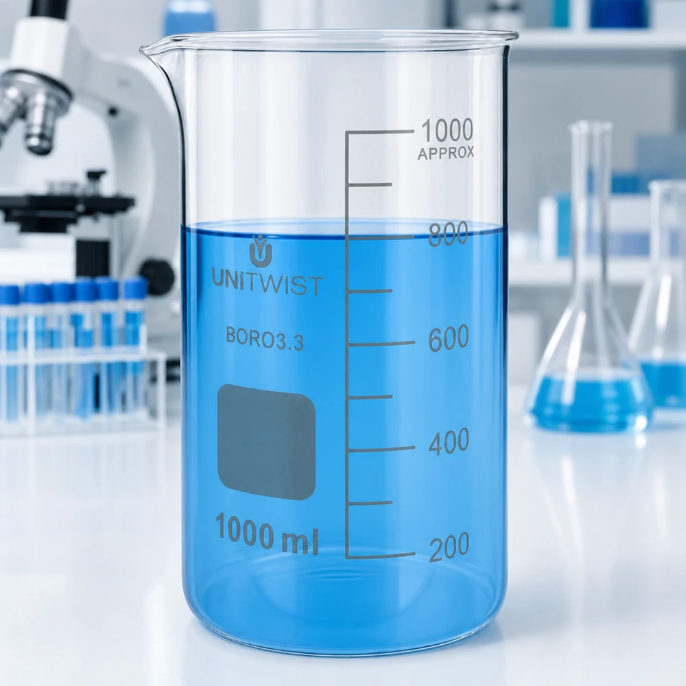 Bicchiere 1000ml borosilicato, stampo alto UNITWIST UNITWIST: becher da 1000 ml, forma alta, in borosilicato, con liquido blu su un tavolo da laboratorio