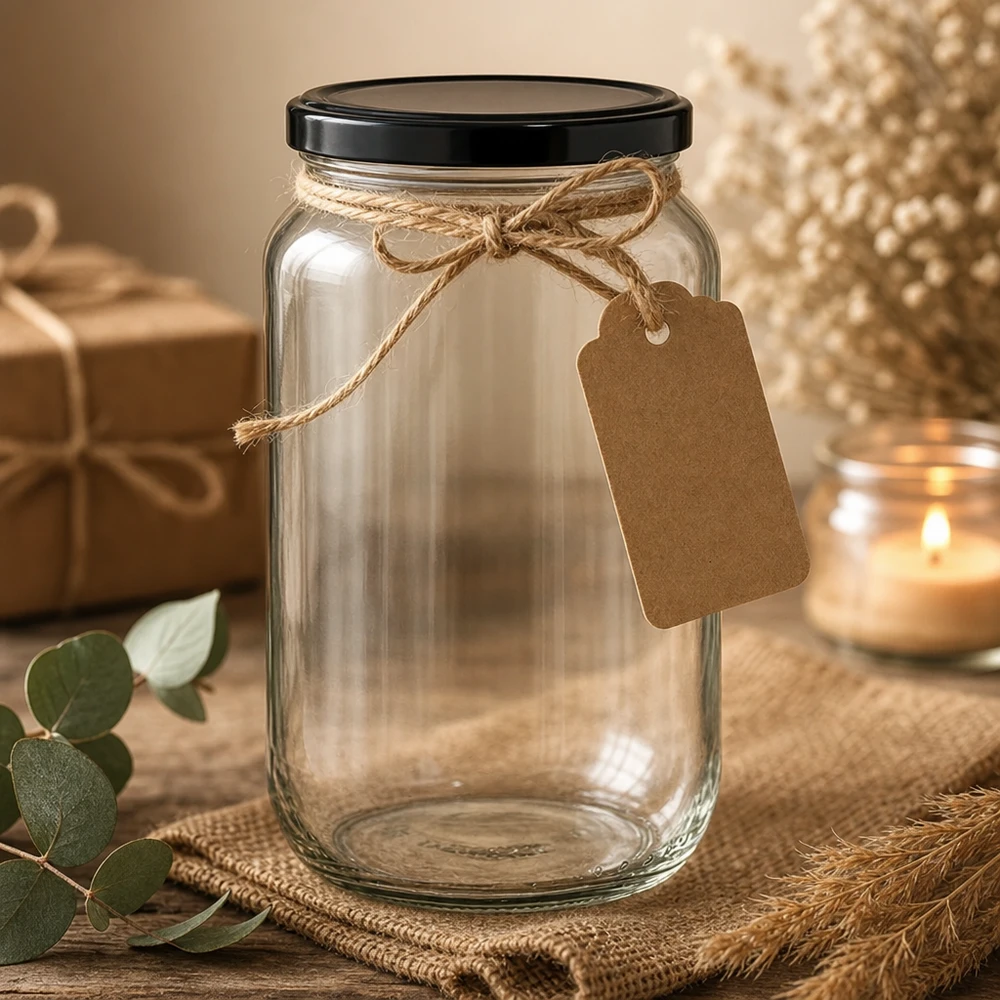 1062ml Rundglas mit BasicSeal Deckel schwarz UNiTWIST 1062ml Rundglas dekoriert mit Juteschnur und Kraftpapier-Anhänger - stilvolle Geschenkverpackung für Einmachgläser