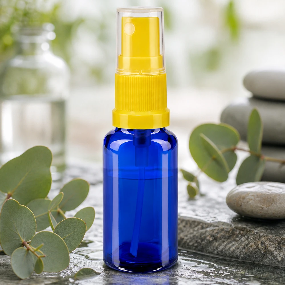 Apothekenflasche blau 20ml Sprayaufsatz gelb Medizinische Kleinstflasche 20ml Blauglas Zerstäuber gelb für ätherische Öle und Kosmetik