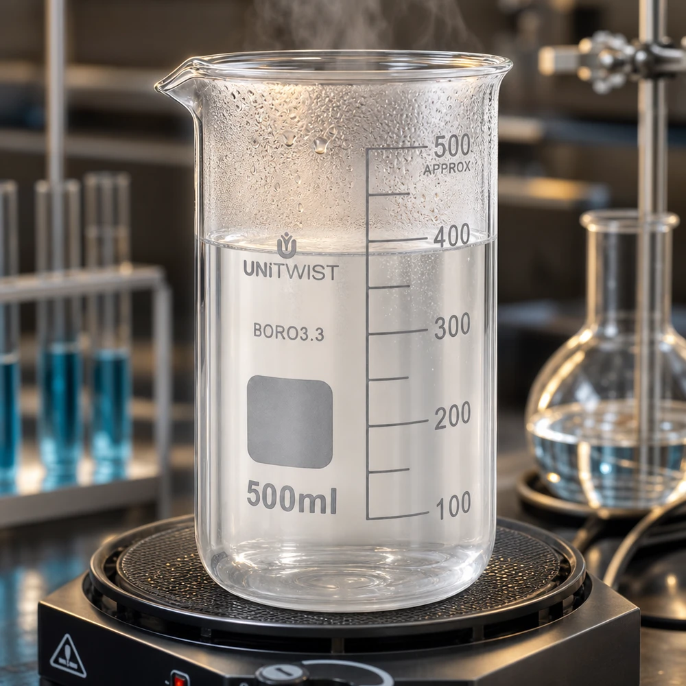 Bicchiere 500ml borosilicato, stampo alto UNITWIST Vaso di vetro UNITWIST da 500 ml, modello alto, su piastra riscaldante con acqua bollente in laboratorio