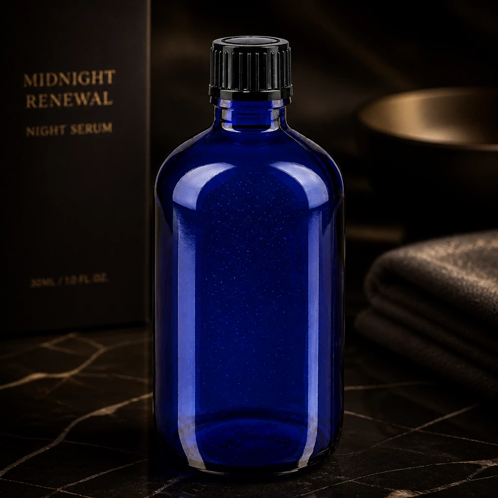 Flacon de pharmacie bleu 100ml bouchon compte-gouttes 1mm noir Std Flacon compte-gouttes STD bleu de 100 ml ApoGlas avec bouchon à vis noir pour sérum de nuit