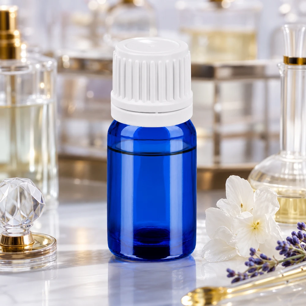 Flacone in vetro compatto da 5 ml con superficie blu lucida e filo bianco
