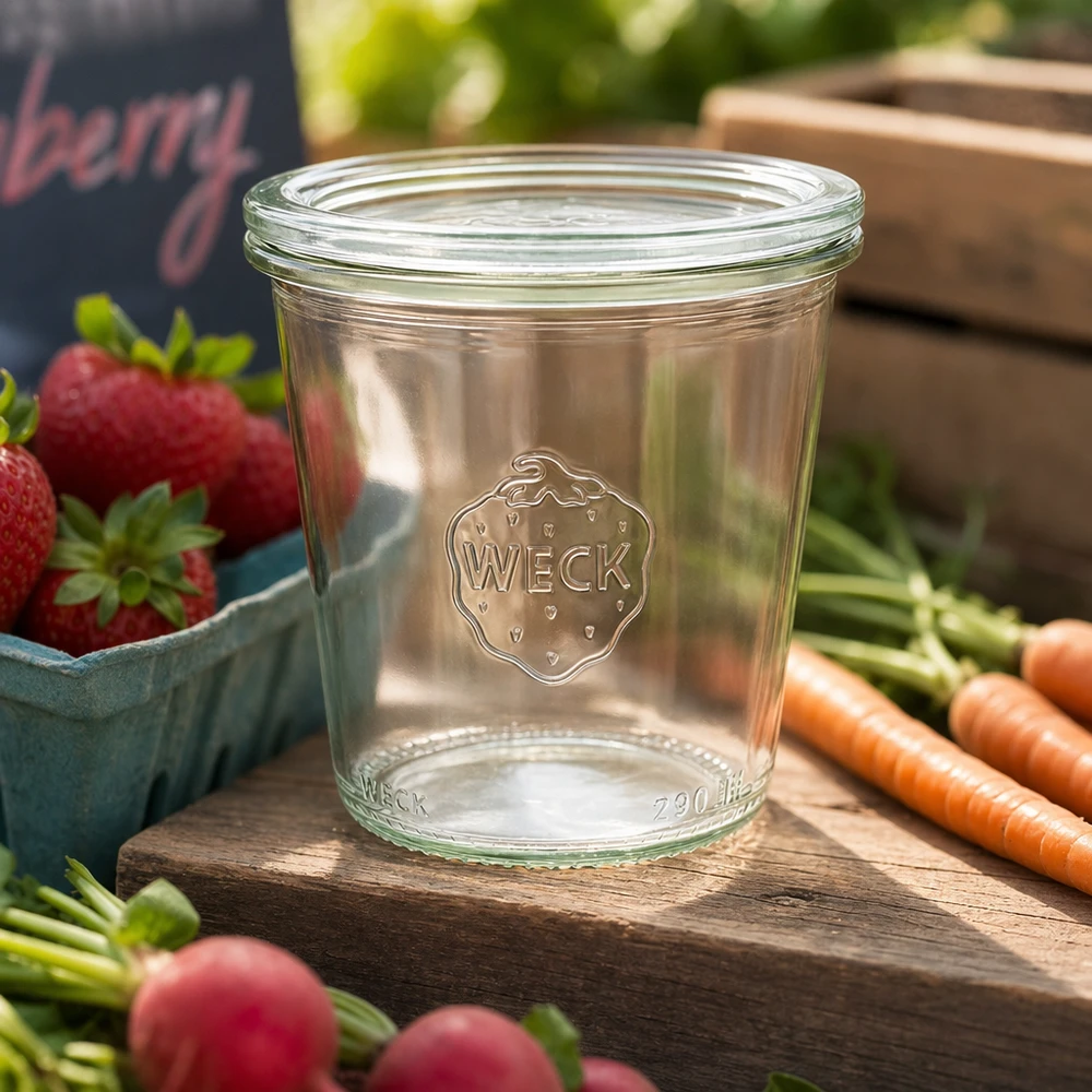 290ml Sturzglas hoch mit Glasdeckel WECK RR80 WECK Sturzglas 290ml RR80 leer auf Holzbrett mit frischen Erdbeeren Karotten und Radieschen für natürliche Lebensmittela