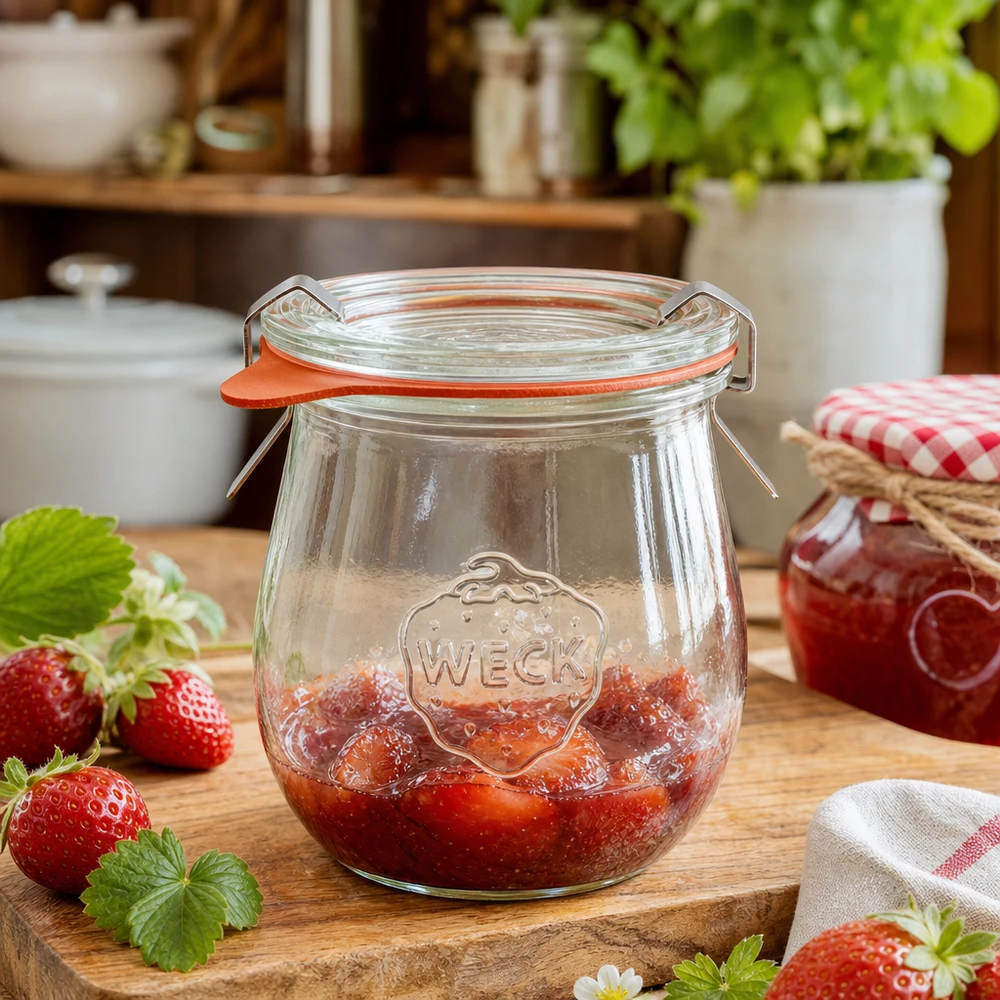 Vaso a tulipano da 220 ml completo WECK RR60 Vaso WECK a tulipano da 220 ml riempito di marmellata di fragole su una tavola di legno in una cucina accogliente con fragole fresche