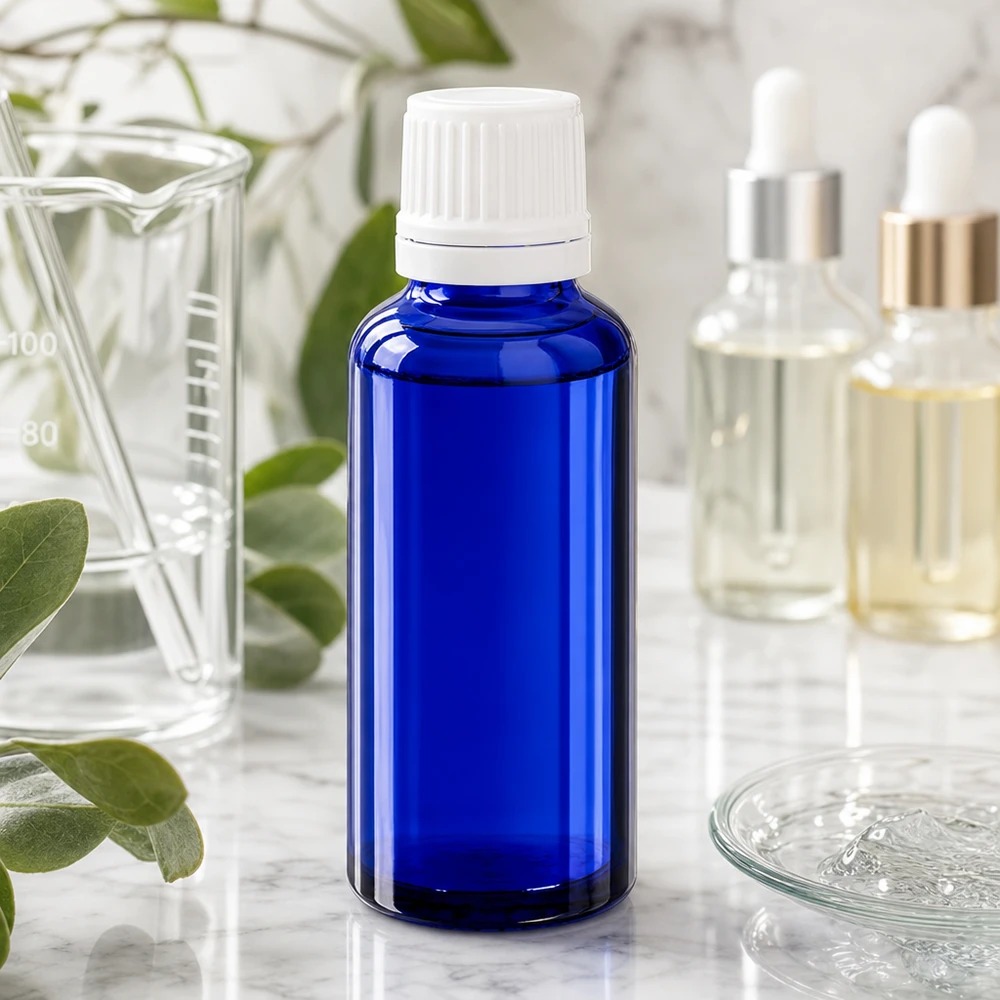 Apothekenflasche blau 30ml Tropfverschluss 1.2mm weiß Originalitätsverschluss Blaue Glasflasche 30ml mit weißem Tropfaufsatz zur Abfüllung von Naturkosmetik und Ölen