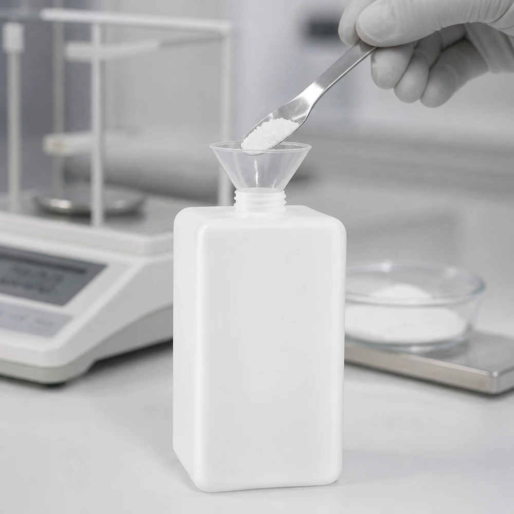 Flacon rectangulaire pour produits chimiques de 1 500 ml en PE-HD, avec spatule de dosage et balance d'analyse