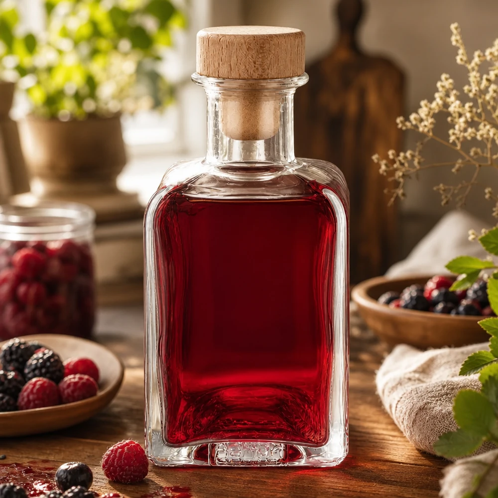 Flacone farmaceutico da 200 ml Clara con tappo in sughero con impugnatura in legno UNiTWIST® 200ml Glasflasche Clara mit rotem Beerensaft befüllt rustikale Küchendeko mit frischen Beeren natürlicher Holzkorken