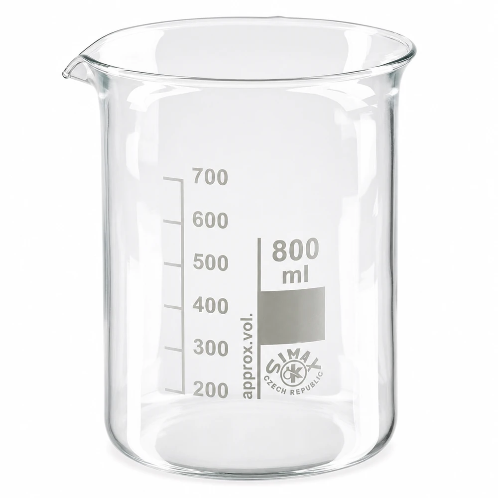 Bicchiere 800ml in vetro borosilicato, forma bassa Bicchiere da 800 ml in vetro borosilicato di alta qualità con beccuccio per lavori precisi in laboratorio