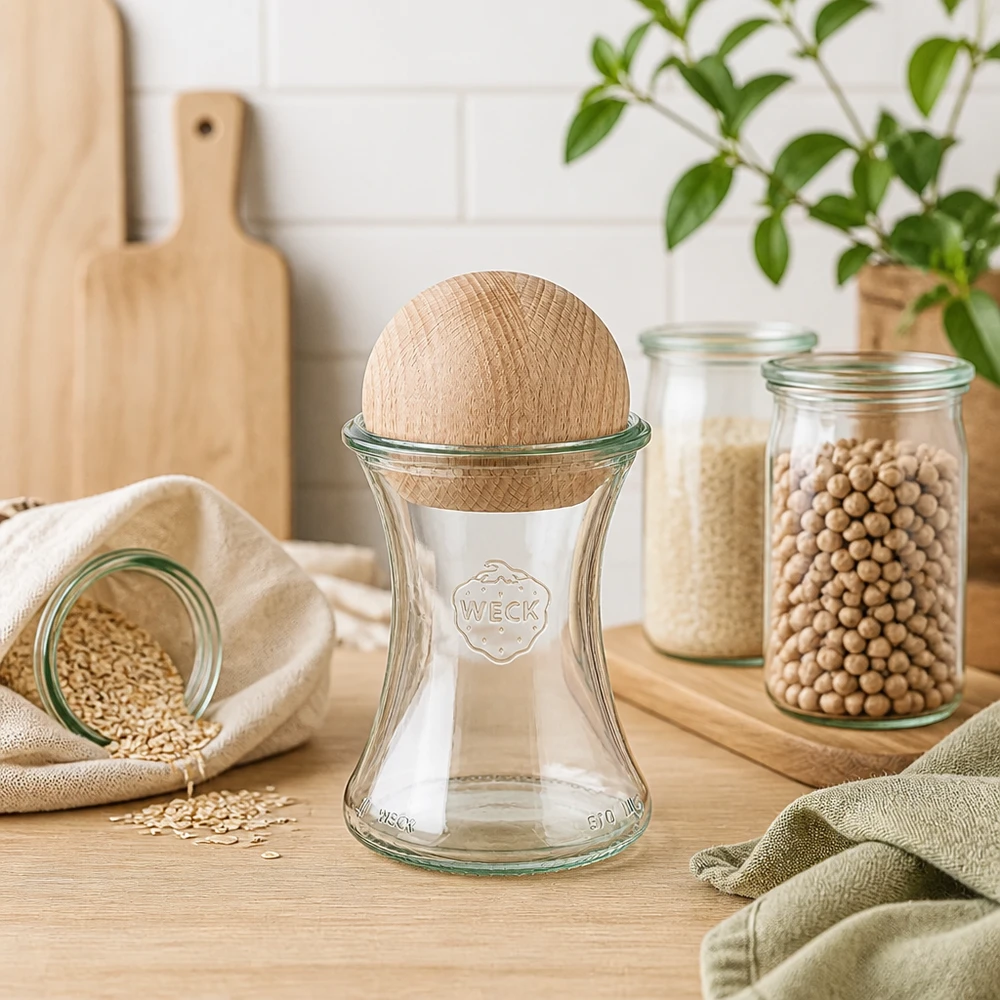 Vasetto da 370 ml WECK RR80 con sfera in legno di faggio. Palla di legno di faggio WECK barattolo per conserve 370ml RR80 palla di legno faggio cucina legumi cereali conservazione sostenibile barattoli di stoccaggio
