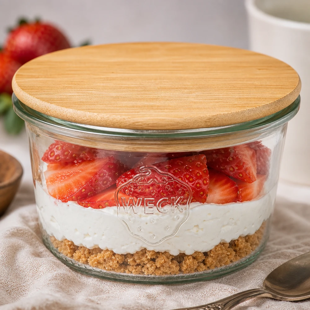 WECK vaso 80ml RR60 coperchio in bambù dessert a strati fragole yogurt base biscotto monoporzione
