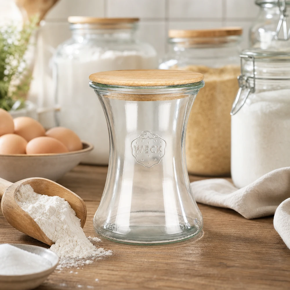Barattolo da gastronomia WECK 370ml RR80 con coperchio in legno sul piano di lavoro in legno accanto a farina, uova e ingredienti da forno in cucina