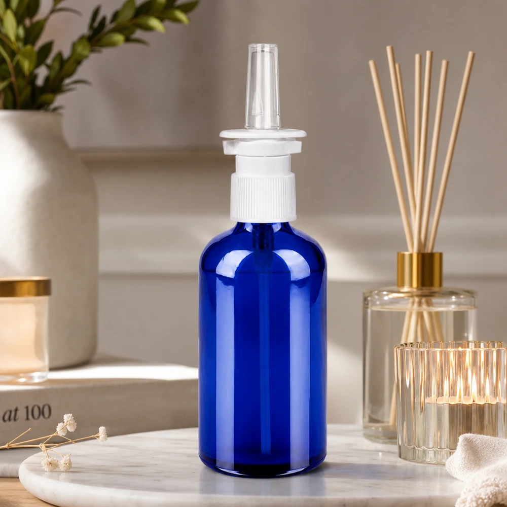 100ml Nasensprayflaschwarz weiß/transparent Standardverschluss BlueLine UT18/100 Pharmazeutische 100ml Glasflasche BlueLine Serie mit präzisem Dosiersprühsystem und UT18 Anschluss