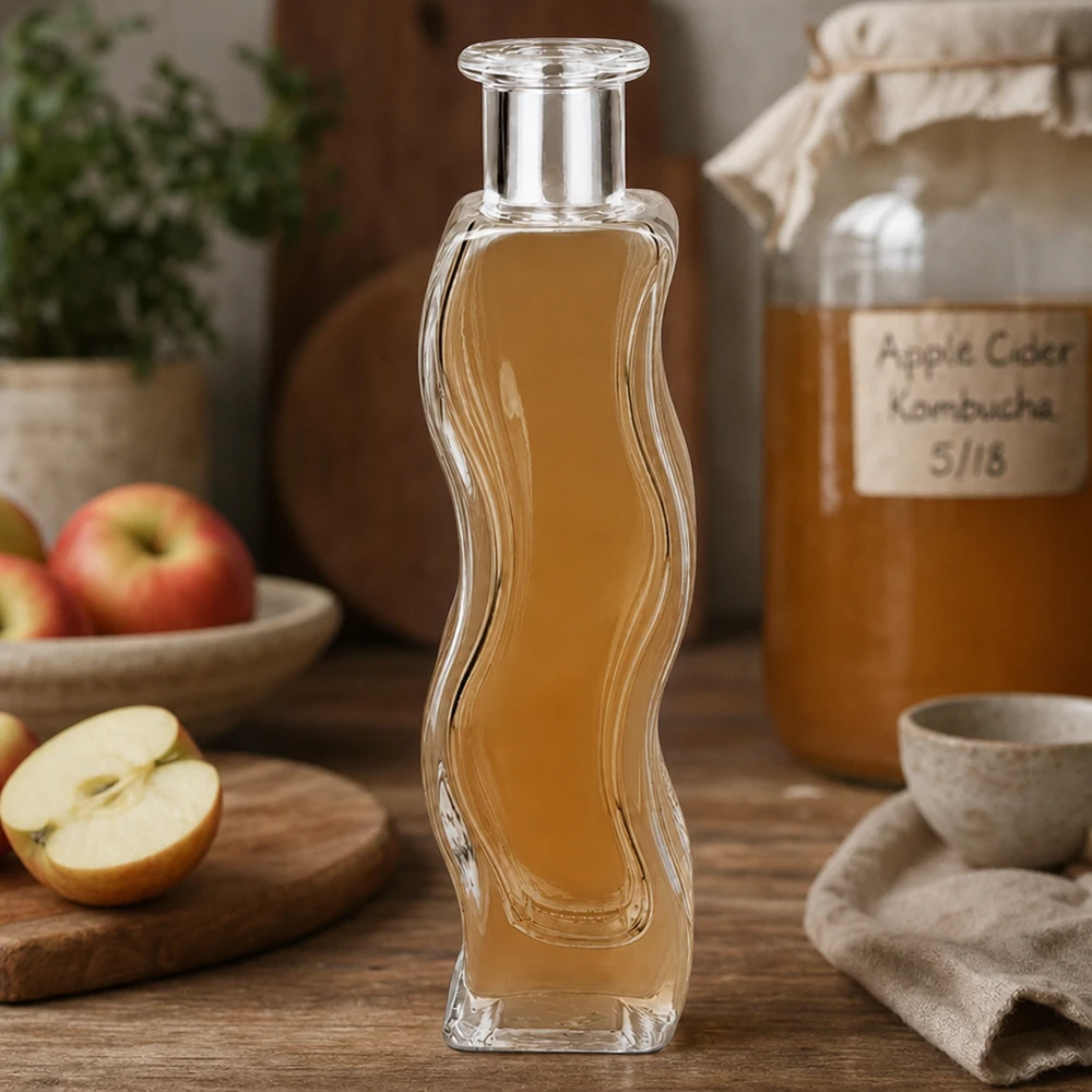 Bottiglia di vetro di Melissa 100ml riempita di aceto di sidro di mele in cucina naturale con mele fresche e bicchiere di Kombucha