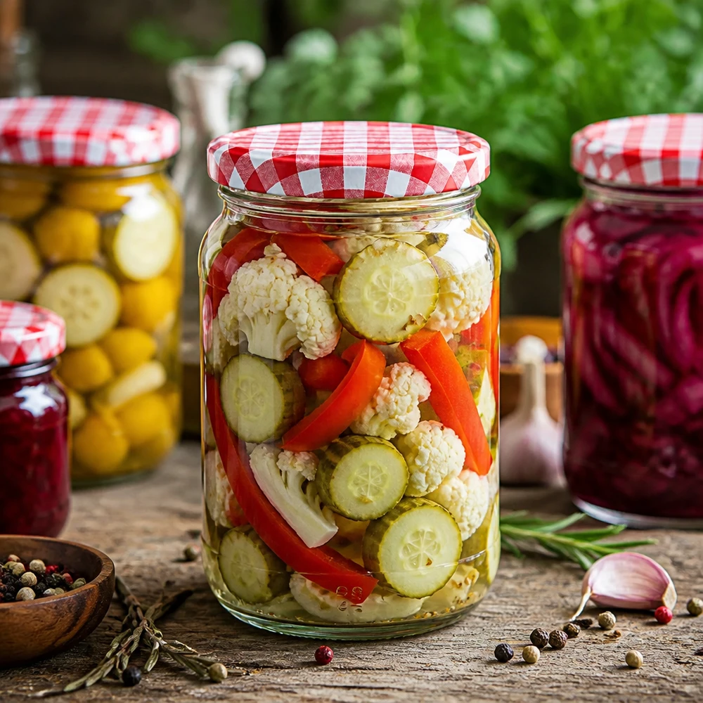 Barattolo rotondo da 1062 ml Coperchio BasicSeal con verdure miste sottaceto Cavolfiore Cetriolo Paprika Barattolo per conserve Fermentazione