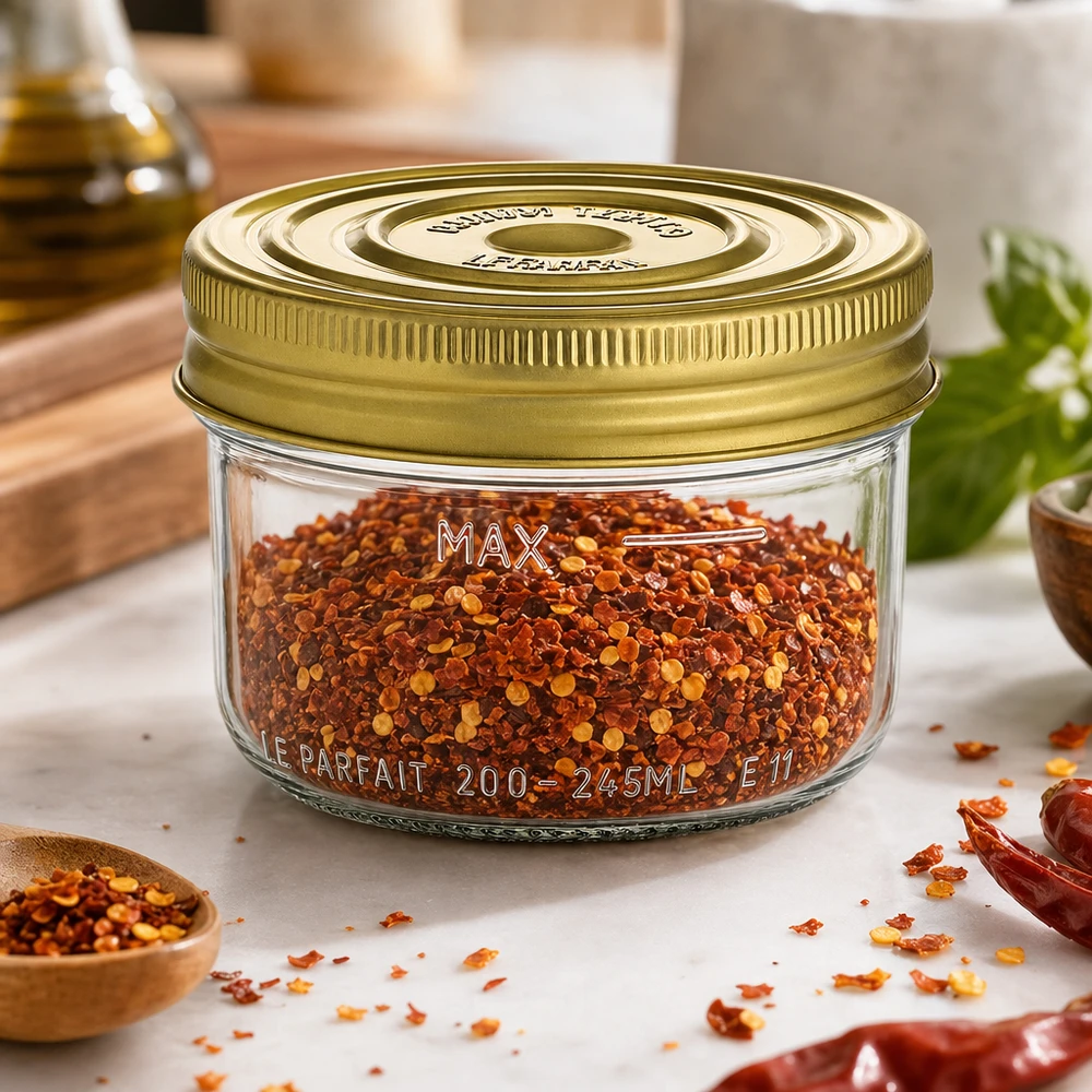 Le Parfait® Familia Wiss 200 g Ø82 mm vaso Bicchieri Familia Wiss da 245 ml con coperchio dorato riempiti di fiocchi di peperoncino rosso sul tavolo della cucina con le spezie