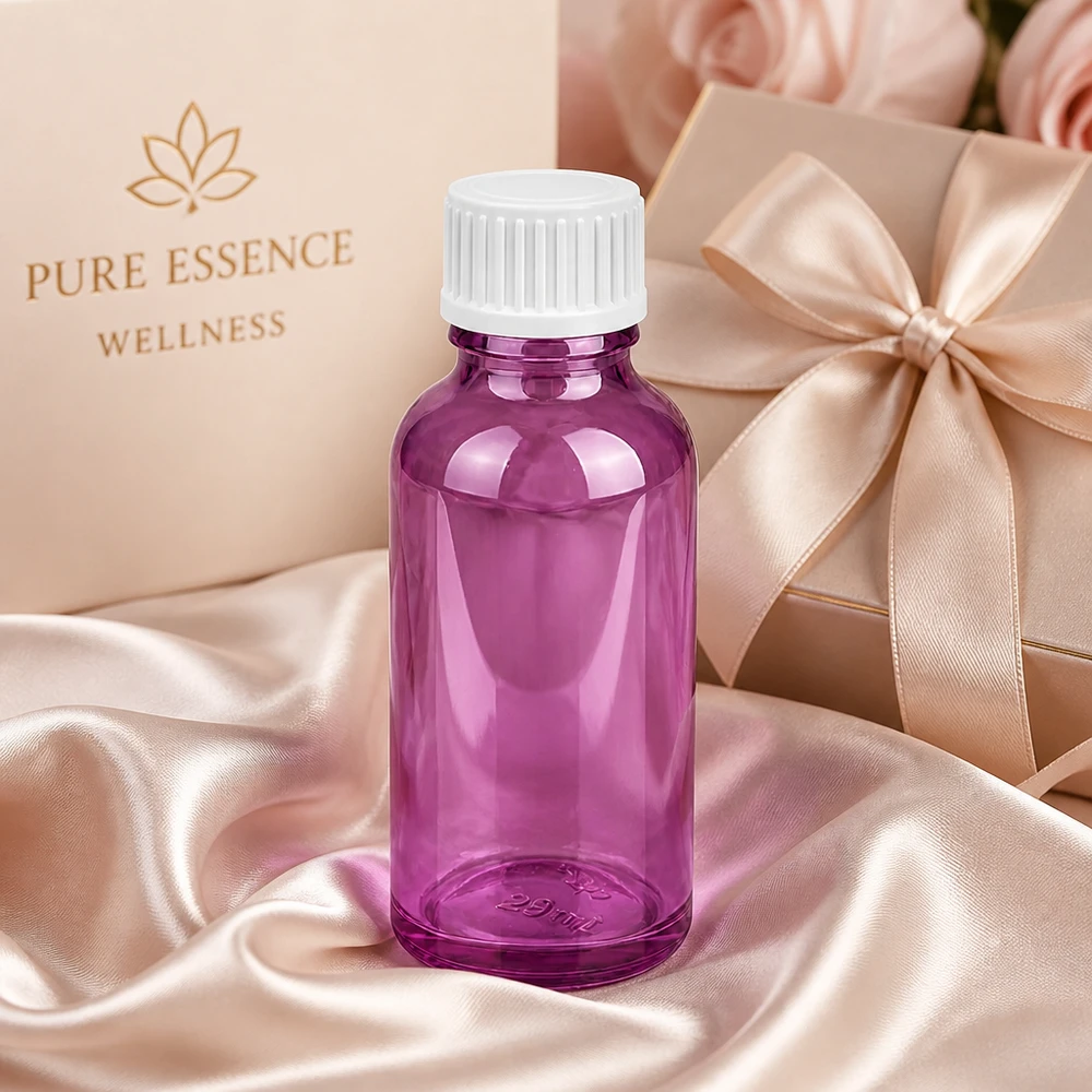 30ml (Globuli)Flasche.. 3mm Giessring weiß Standard PurpleLine. UT18/30 30ml Designerflasche aus violettem Glas mit mattweißem Verschluss für exklusive Produkte