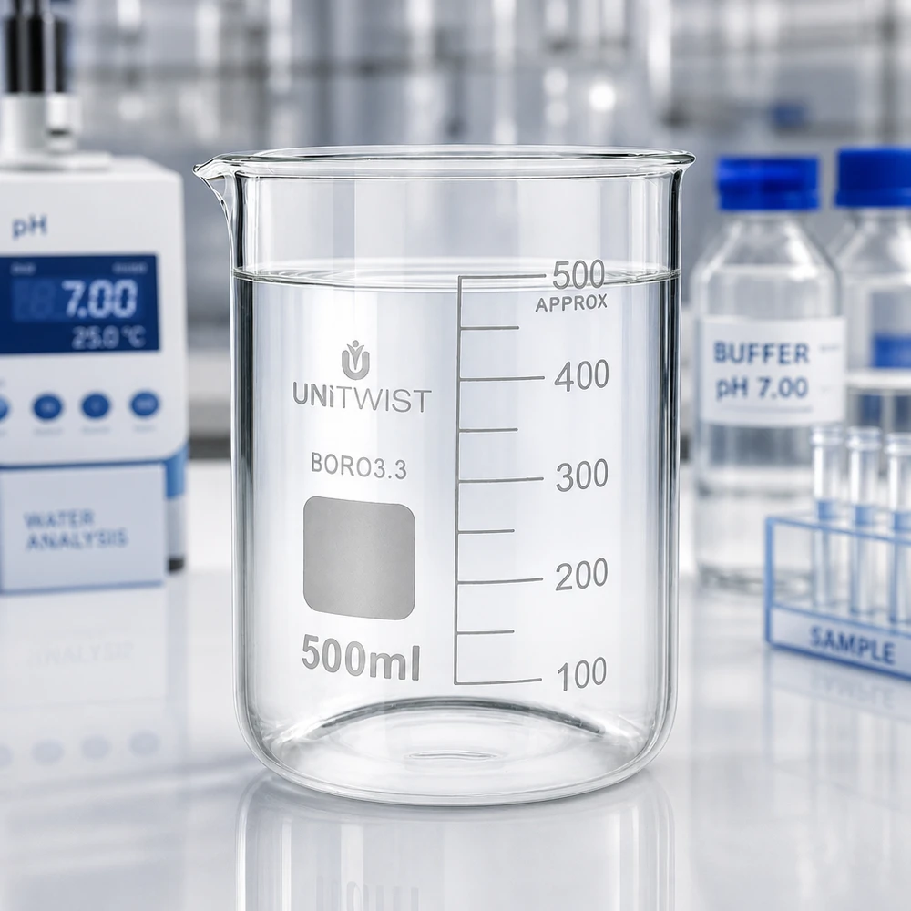 Bicchiere 500ml borosilicato, stampo basso UNiTWIST Bicchiere da laboratorio UNiTWIST da 500 ml, forma bassa, BORO3.3, in laboratorio con pHmetro e soluzione tampone