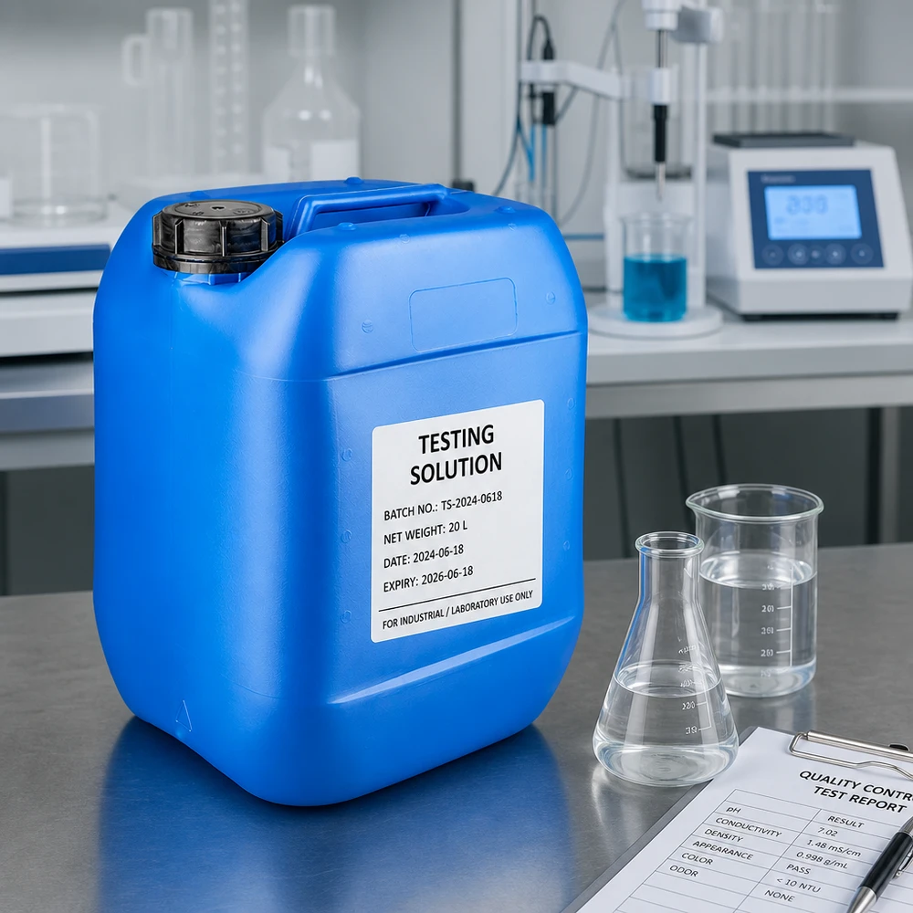 Kanister 10 Liter blau mit OV Schraubverschluss neben Messbecher und Erlenmeyerkolben