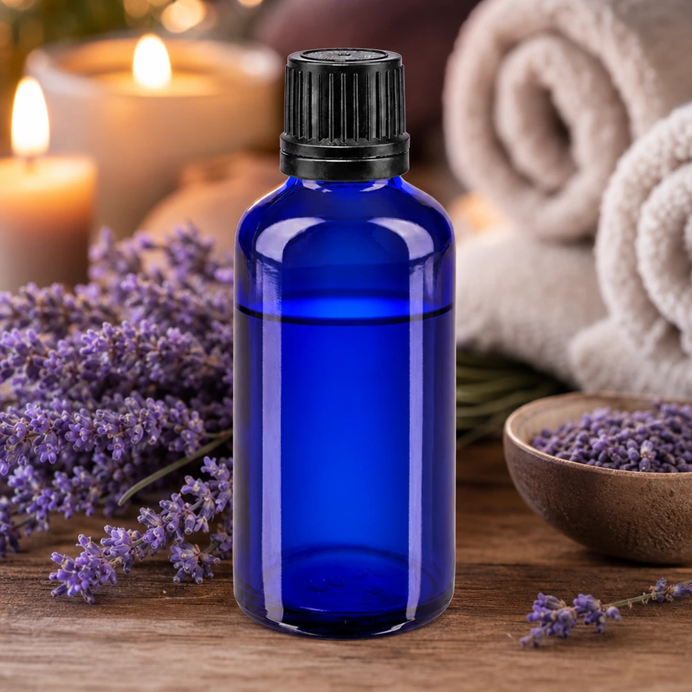Flacon compte-gouttes bleu de 50 ml en verre de pharmacie, muni d'un bouchon d'inviolabilité à sécurité enfants