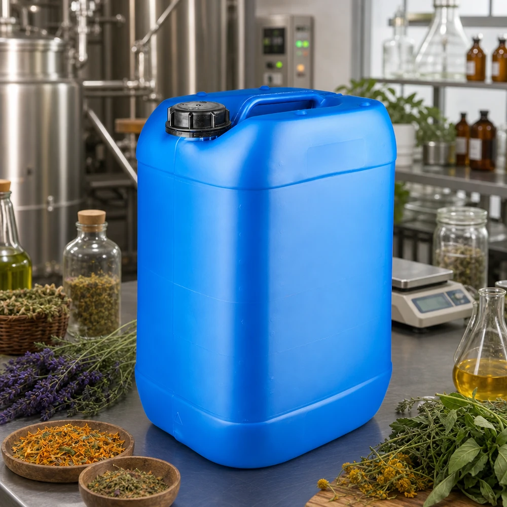 Bidon 25 litres bleu avec bouchon à vis OV Bidon bleu de 25 litres en PEHD avec bouchon OV, utilisé pour séparer les herbes et les huiles dans la production de cosmétiques naturels