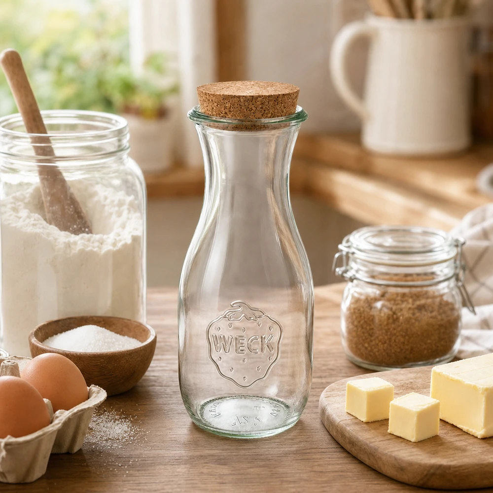 530ml Saftflasche WECK RR60 mit Korken natur WECK Saftflasche 530ml mit Korken in gemütlicher Küche neben Backzutaten Mehl Eier Butter auf Holztisch
