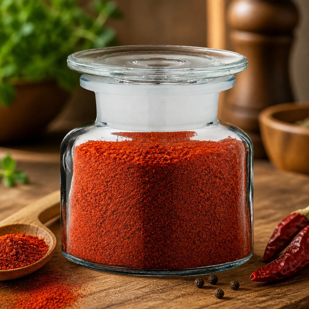 Flacone da farmacia a collo largo da 100 ml con pepe di Cayenna rosso e un cucchiaio di legno accanto