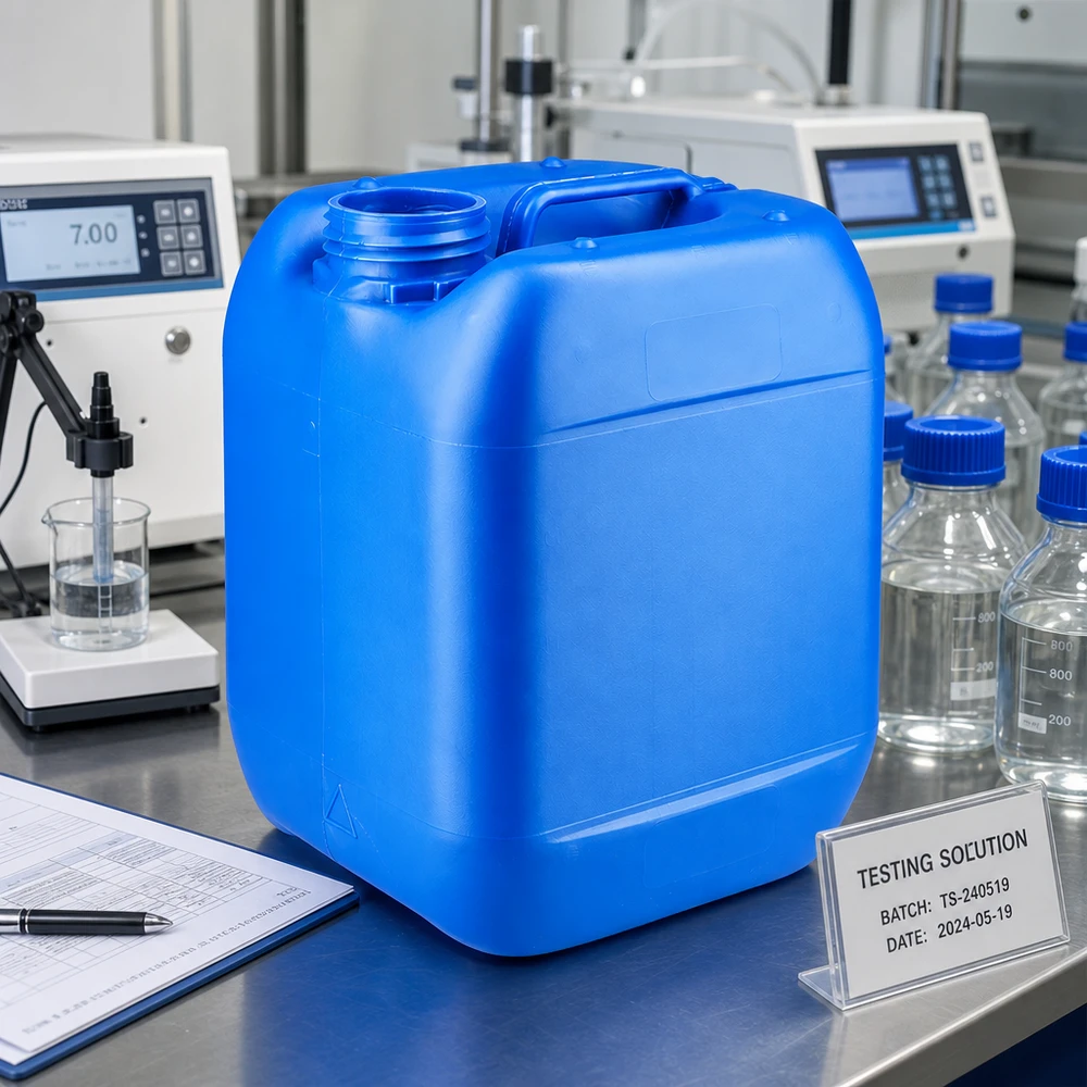 Kanister 5 Liter blau ohne Verschluss Blauer Chemikalienkanister 5 Liter ohne Verschluss im Qualitätskontrolllabor mit Dokumentation