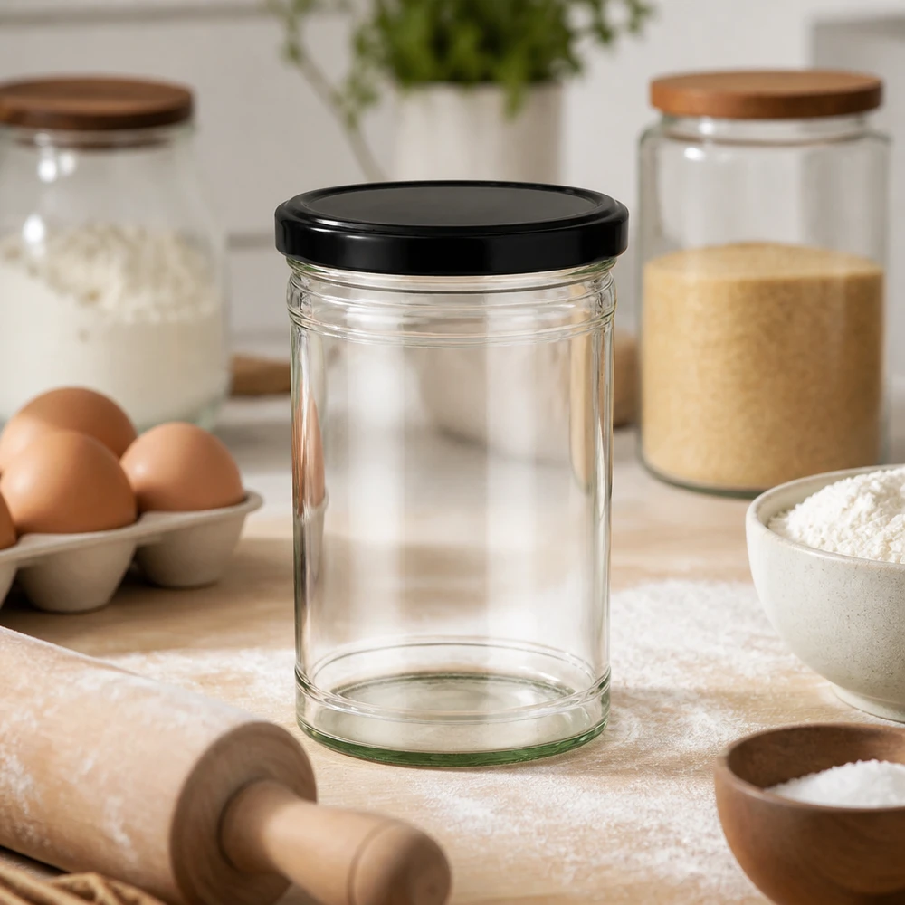 1053ml Sturzglas mit BasicSeal Deckel schwarz UNiTWIST Leeres 1053ml Sturzglas mit schwarzem Deckel in Küche mit Eiern Mehl Nudelholz für Backen und Kochen