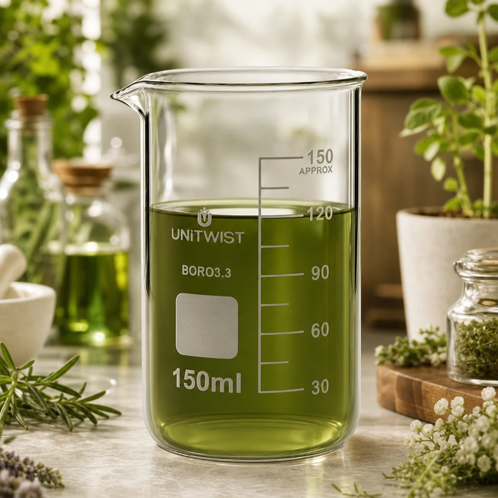 Bicchiere 150ml in borosilicato, forma alta UNITWIST UNITWIST Bicchiere da 150 ml, forma alta, in borosilicato, con un liquido verde a base di erbe circondato da piante fresche