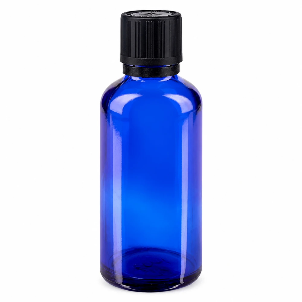 Apothekenflasche blau 50ml Tropfer Giessring 1mm schwarz Kindersicherung Blindenwarnsymbol Originalitätsverschluss 50ml pharmazeutische Tropfflasche blau mit originalitätssicherem KiSi Verschluss schwarz