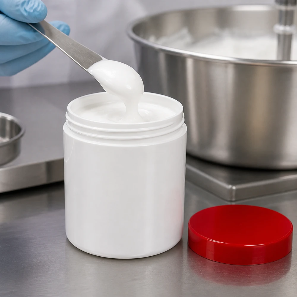 Remplissage, en portant des gants, d'un pot de pommade de 30 g avec une émulsion blanche en laboratoire