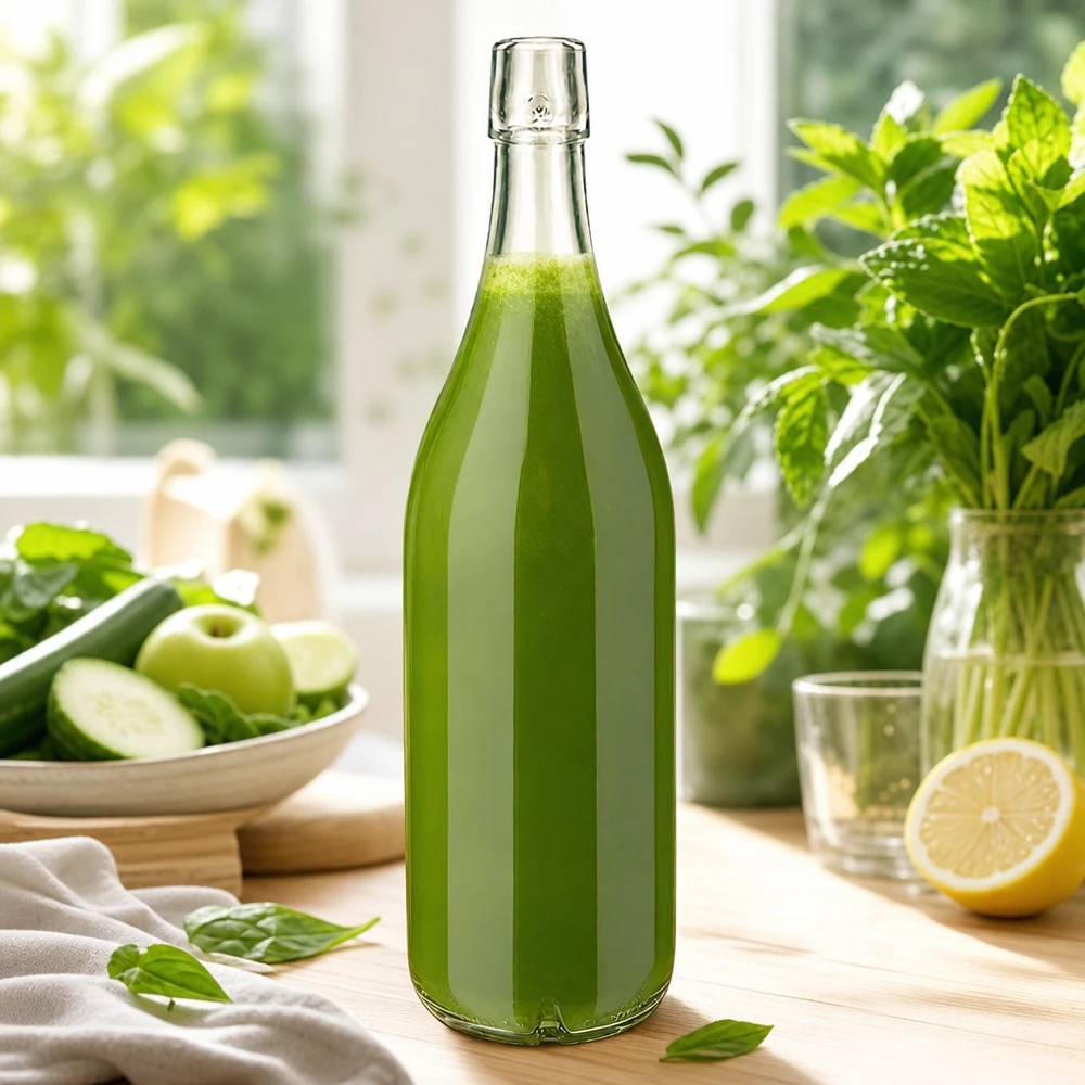 Bottiglia di vetro 1000ml UNiTWIST riempita di frullato verde verdure fresche frutta scena di cucina sana nutrizione