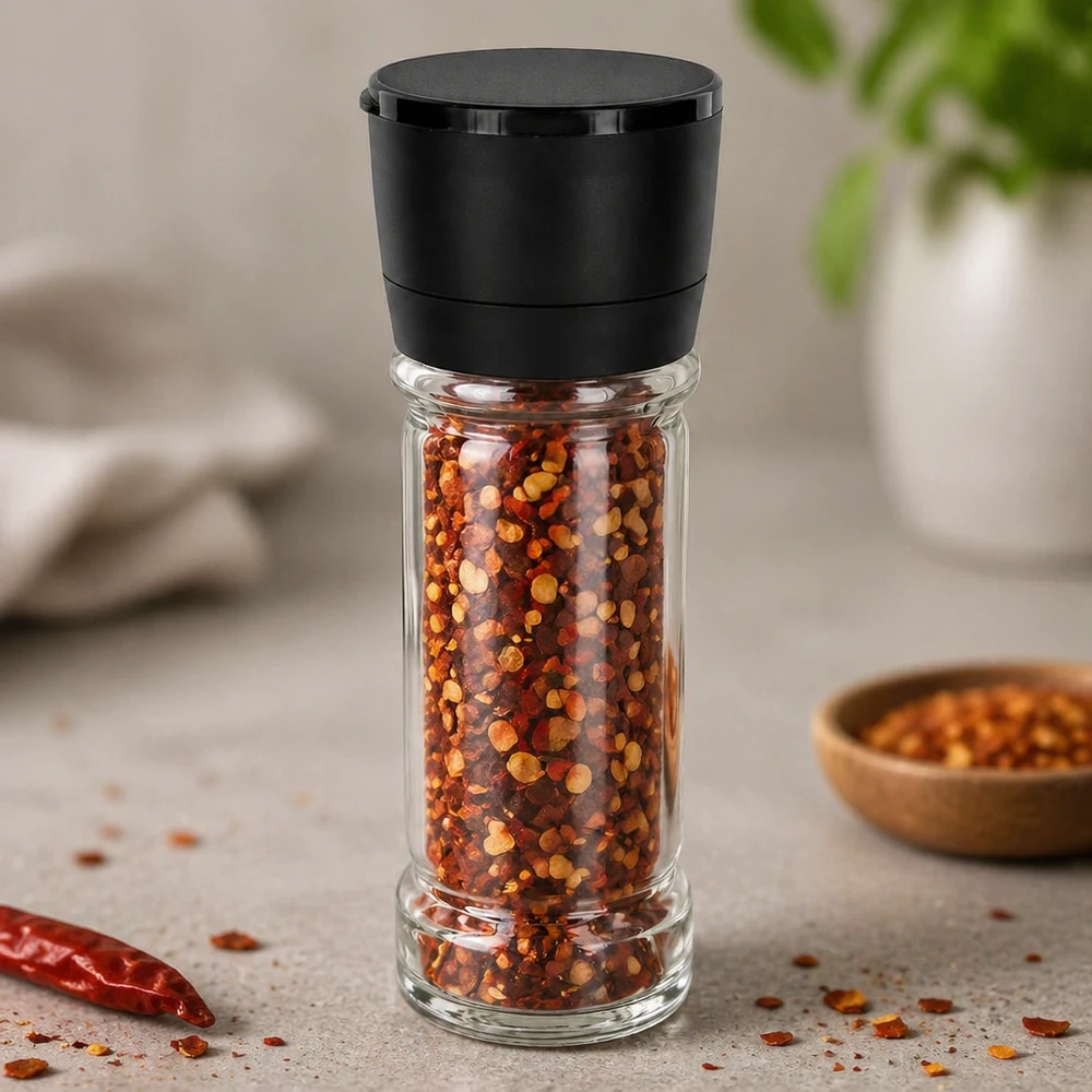Pot à sel/épices 100 ml avec moulin Vario noir Nachfüllbares Gewürzglas mit schwarzer Vario-Mühle zum Mahlen von Chiliflocken