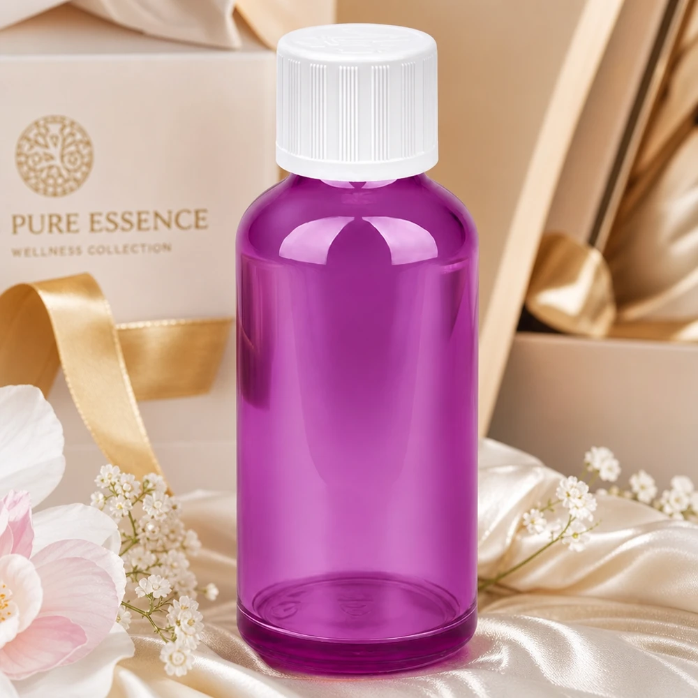 Flacone da 50ml tappo a vite 11mm bianco standard a prova di bambino PurpleLine UT18/50 Bottiglia compatta da 50 ml con coperchio a prova di bambino per una conservazione sicura degli oli.