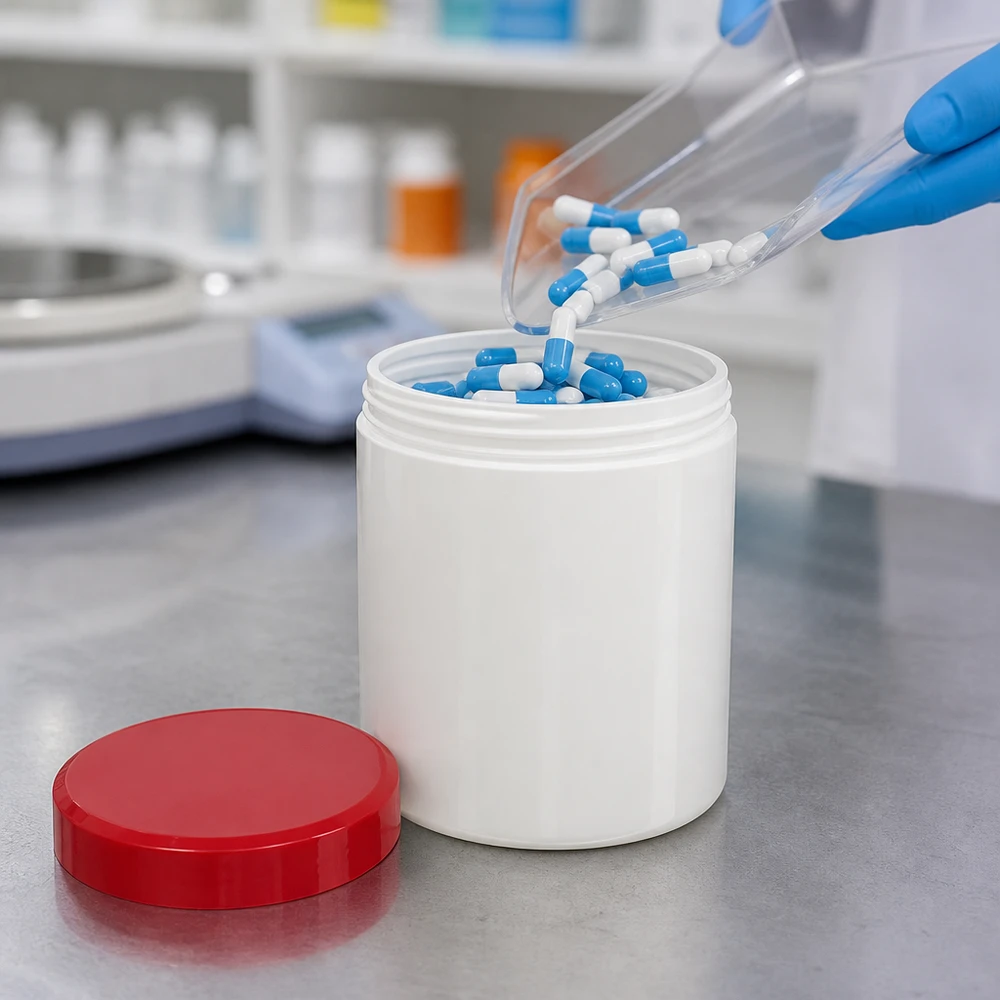 Pot à onguent blanc 30 g avec couvercle rouge (PP) Pot en plastique blanc de 30 g pour gélules et comprimés, avec couvercle à vis rouge ouvert