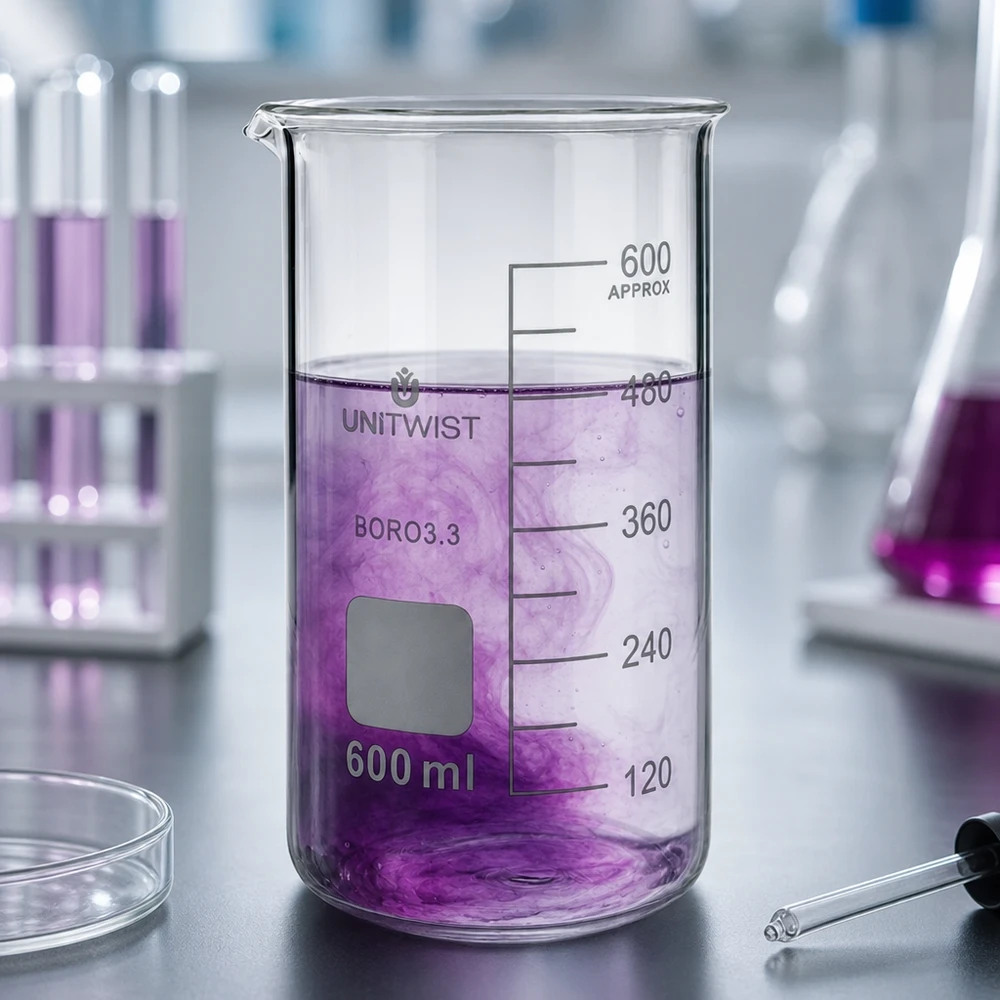 Bicchiere 600ml borosilicato, stampo alto UNITWIST Bicchiere da laboratorio da 600 ml, modello alto UNITWIST, con liquido viola ed effetto di diffusione visibile