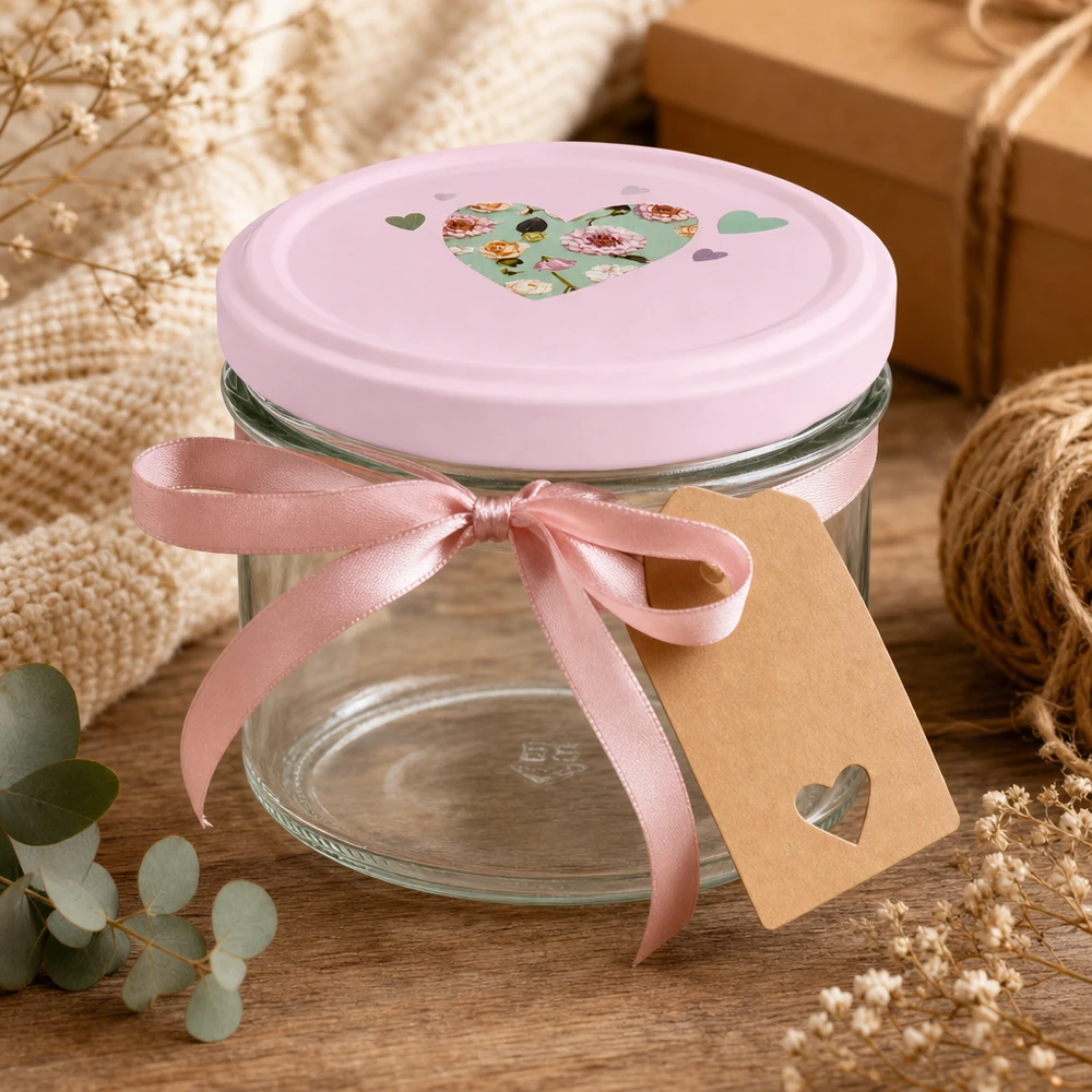 225ml Sturzglas + BasicSeal Deckel Herz rosa UNiTWIST 225ml Sturzglas mit rosa Herzdeckel als Geschenkverpackung mit Schleife und Anhänger in romantischer Deko