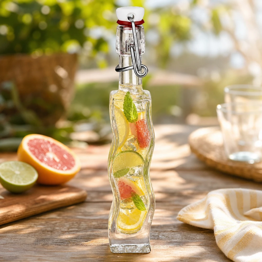 Bottiglia di vetro da 40 ml Anna riempita di succhi di agrumi su tavolo di legno con pompelmo lime e menta all'aperto