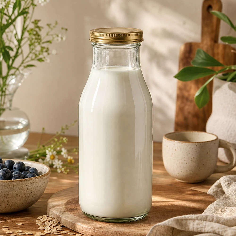 UNiTWIST Bottle263 bottiglia di vetro riempita di latte e coperchio TO43 BioSeal dorato in una scena di cucina naturale