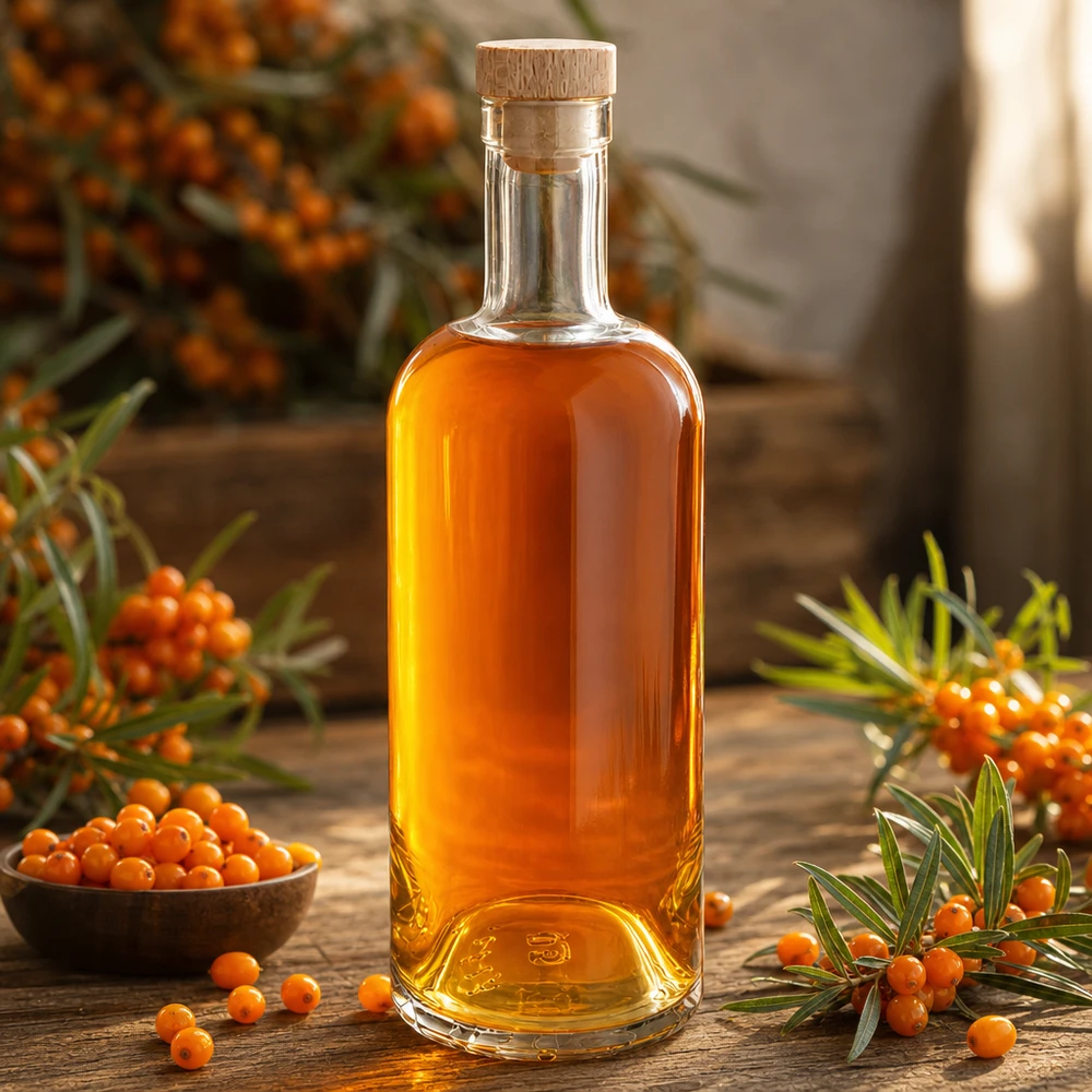 Bottiglia in vetro da 750 ml Emma con tappo in sughero con impugnatura in legno UNiTWIST® Bottiglia in vetro da 750 ml Emma con tappo in legno riempita con olio di olivello spinoso arancione circondato da bacche e rametti di olivello spinoso.