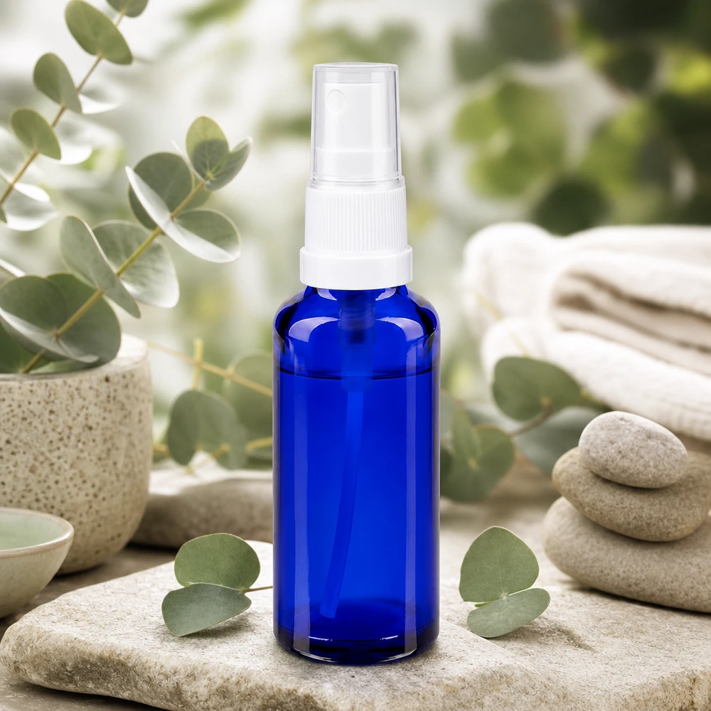 Apothekenflasche blau 30ml Sprayaufsatz weiß UV-Schutz Apothekerglas Sprayflasche 30ml blau mit Eukalyptus und natürlichen Wellness Accessoires
