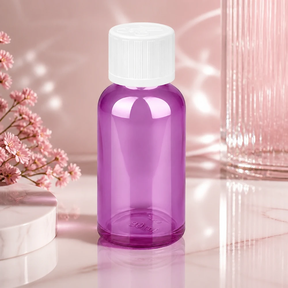 30ml Flasche 11mm Schraubverschluss weiß Standard Kindersicher PurpleLine UT18/30 Transparente 30ml Flasche in leuchtend violett mit ergonomischer Form für komfortable Handhabung