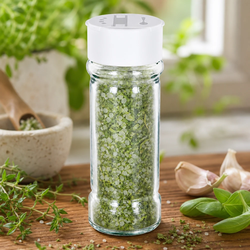 Pot à sel/épices 100 ml avec double saupoudreuse, blanc Kompaktes Gewürzglas mit weißem Kunststoffdeckel und Doppelstreufunktion ideal für Kräutersalz