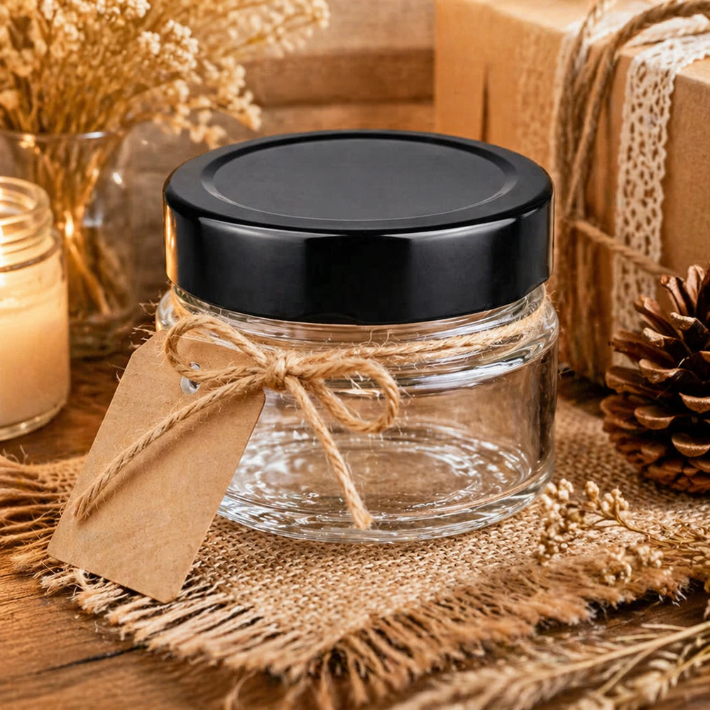 80ml barattolo di vetro rotondo nero trasparente vasetto cosmetico decorato con nastro regalo decorazione naturale BasicSeal