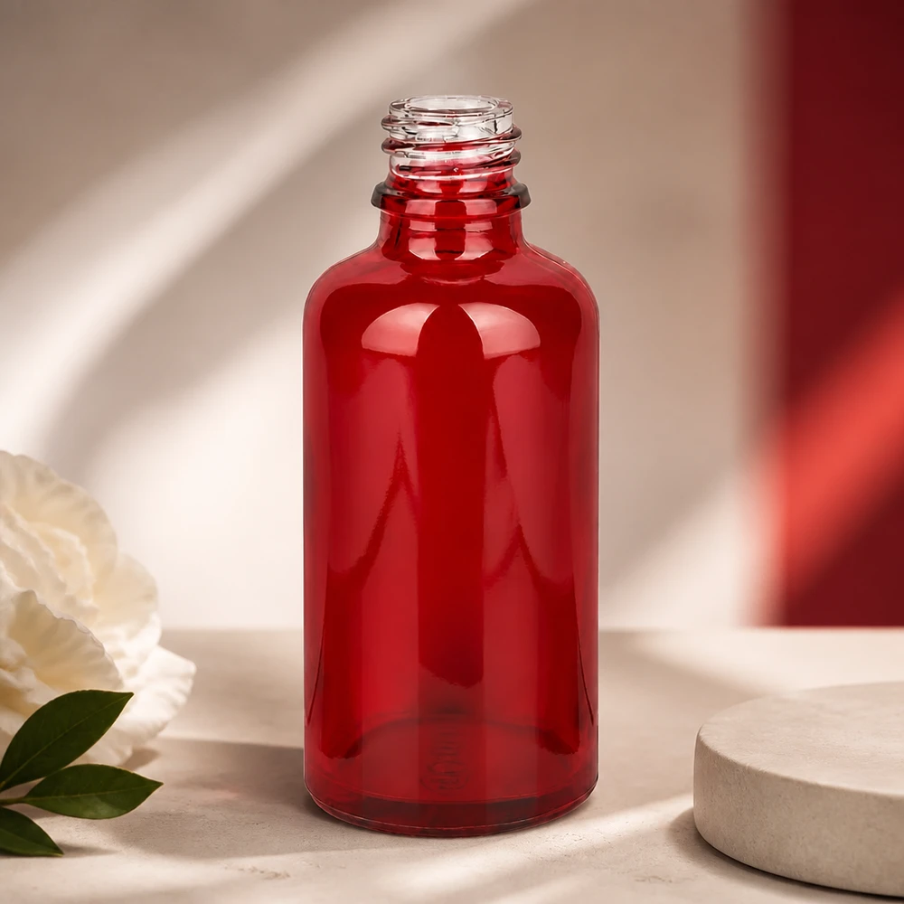 Flacone farmaceutico da 50 ml RedLine UT18/50 UNiTWIST Pratica bottiglia in vetro rosso RedLine UT18/50 UNiTWIST con forma ergonomica per una facile manipolazione