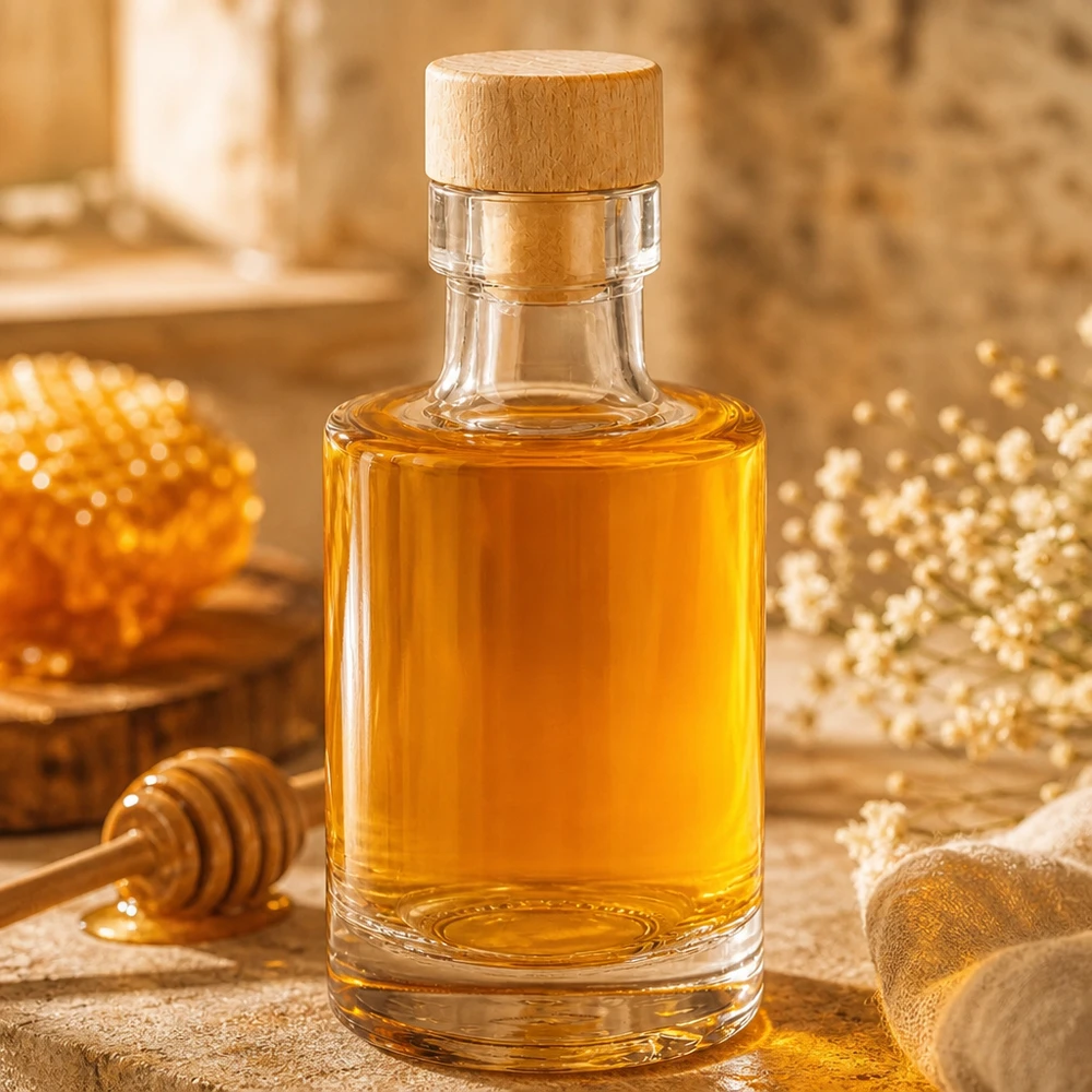 Bottiglia di vetro da 100 ml Marie con tappo di legno riempita di miele accanto a favo e cucchiaio di miele su un tavolo di legno rustico