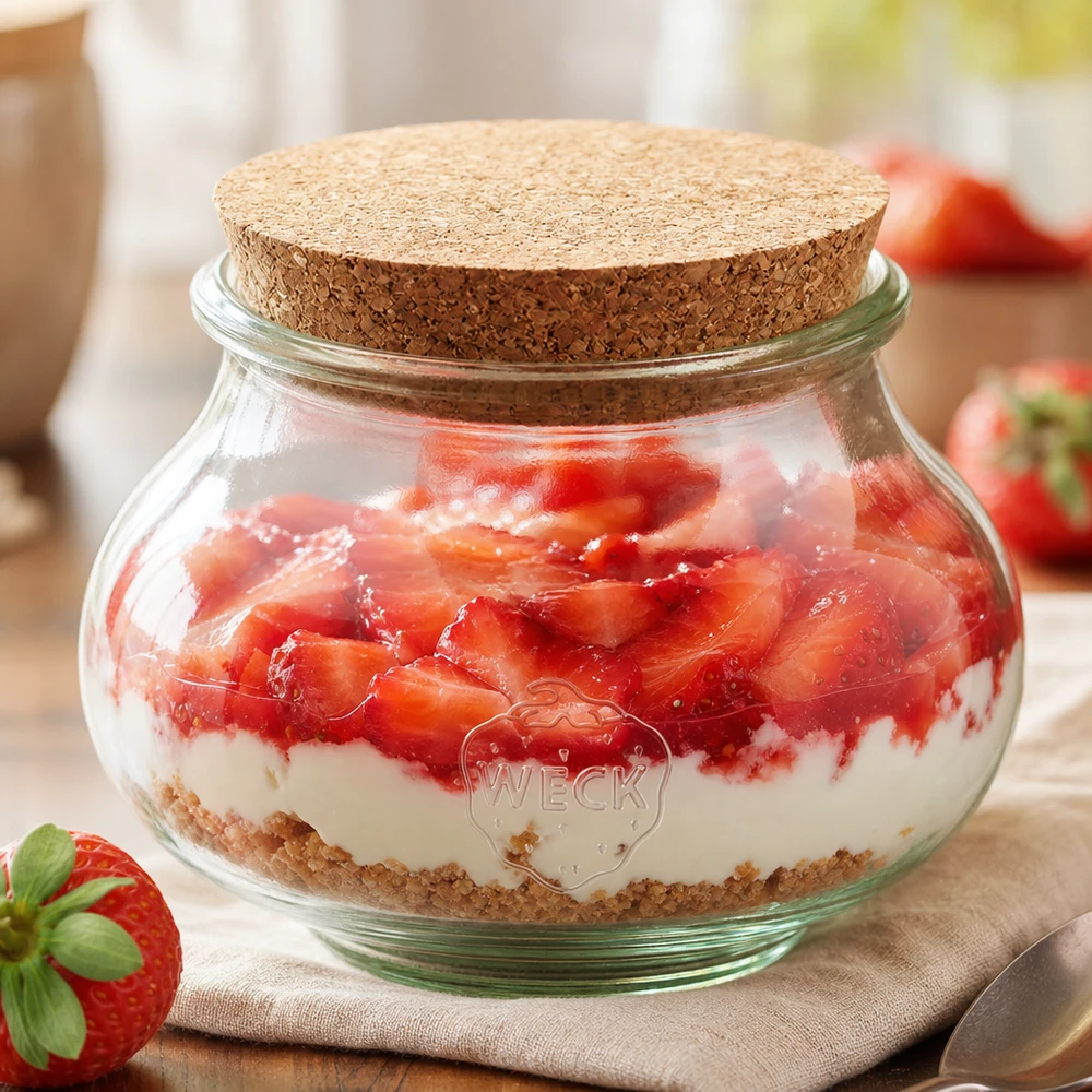 560ml Schmuckglas WECK RR80 mit Korken natur WECK Schmuckglas 560ml RR80 mit Korken als Dessertglas für Erdbeer-Joghurt-Schichtdessert Küchenpräsentation