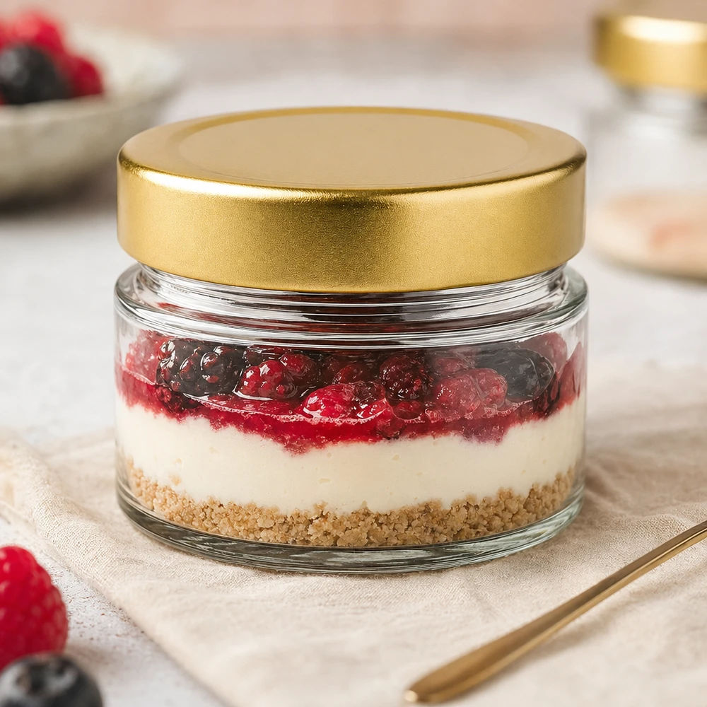 Bicchiere rotondo da 80 ml con coperchio BasicSeal oro profondo come bicchiere da dessert con cheesecake e frutti di bosco in un'elegante decorazione da tavola