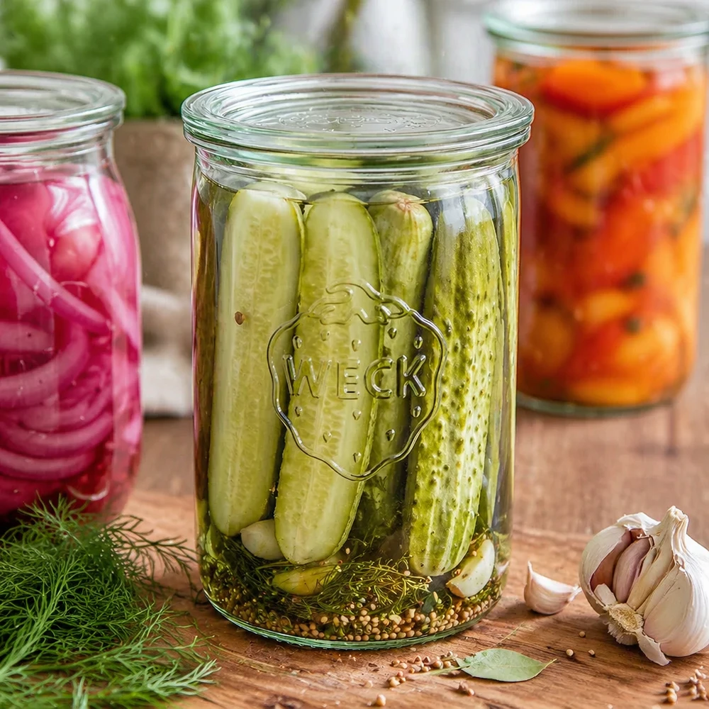 1000ml Sturzglas mit Glasdeckel WECK RR100 WECK Sturzglas 1000ml RR100 mit eingelegten Gurken gefüllt neben Knoblauch und Dill für Fermentation und Pickling