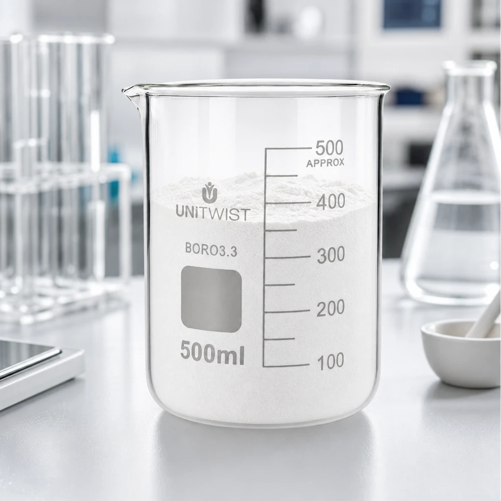 Bicchiere 500ml borosilicato, stampo basso UNiTWIST Bicchiere da laboratorio UNiTWIST da 500 ml in BORO3.3 riempito di polvere bianca in ambiente di laboratorio